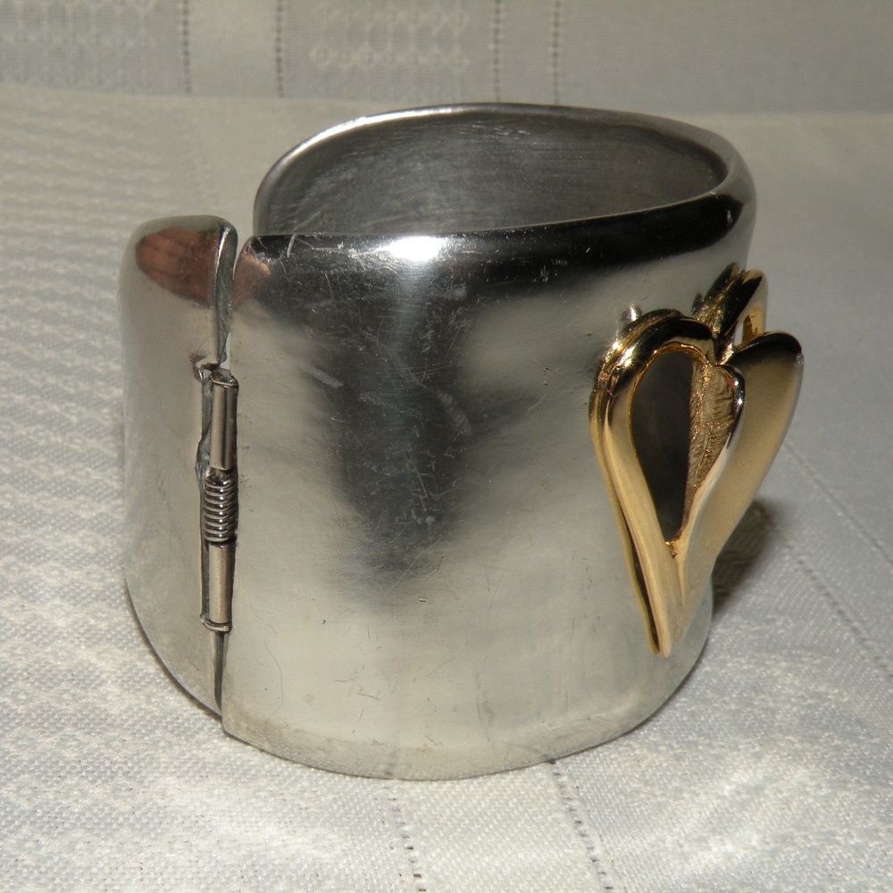 Diane von Furstenberg Silver & Gold Tone Heart 2" Wide Hinge Cuff Bracelet - Picture 8 of 12